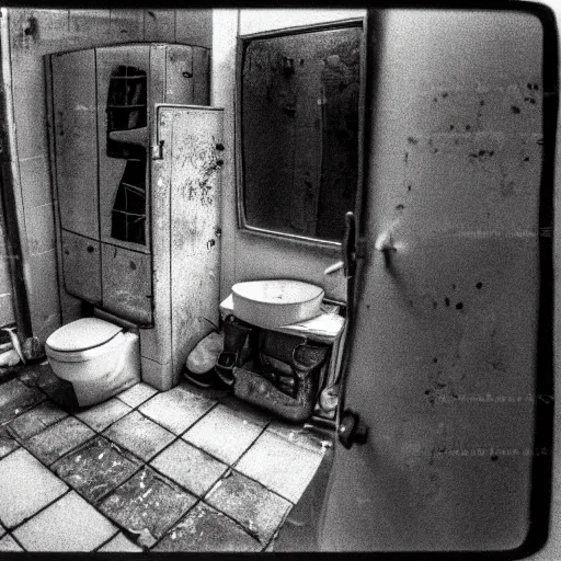Prompt: a wide angle 3 5 mm film photography of a dirty cluttered bathroom somewhere in eastern europe, evocating a feeling of unease and claustrophobia