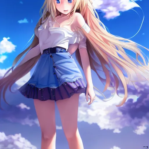 Image similar to a very beautiful anime cute girl, full body, long wavy blond hair, sky blue eyes, full round face, short smile, fancy top, miniskirt, front view, medium shot, mid-shot, highly detailed, cinematic wallpaper by Stanley Artgerm Lau