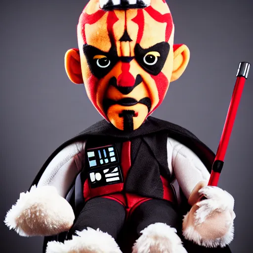 Image similar to studio portrait still of!!!!! darth maul!!!!!! plush toy, puppet, muppet show, 8 k, studio lighting, key light,