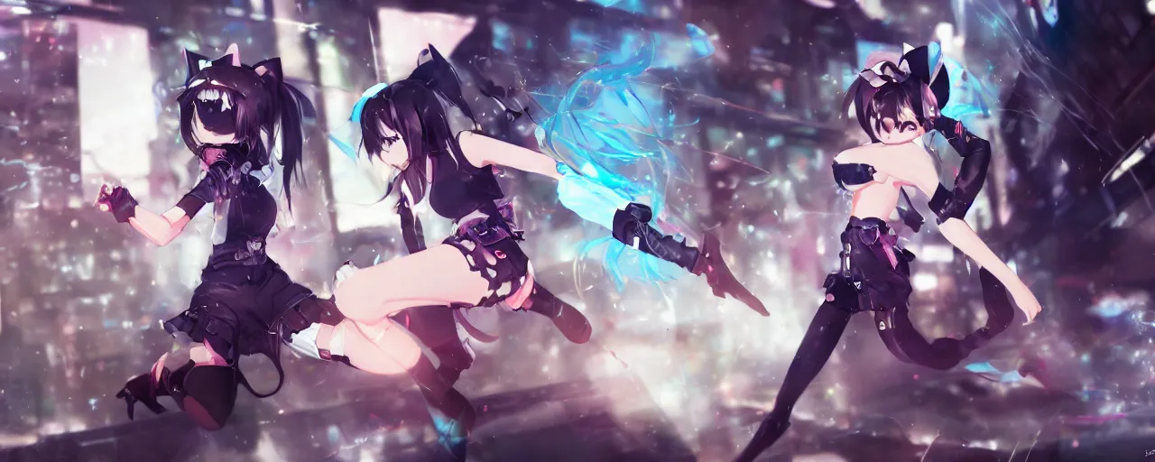 Prompt: concept art of an anime girl with cat ears and cyberpunk arm smashing the ground, WLOP, deviantart, 8k UHD