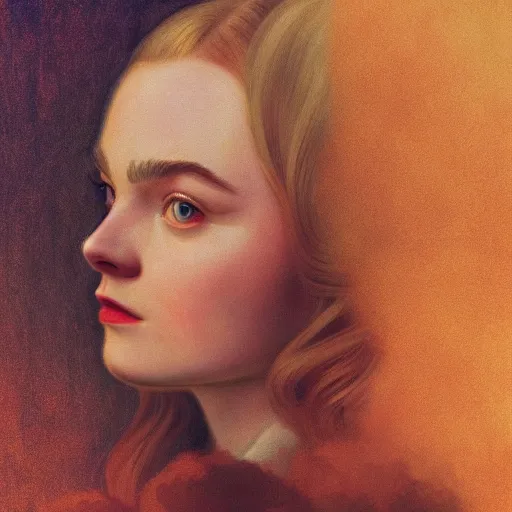 Image similar to Elle Fanning, head and shoulders masterpiece, apocalypse, golden hour, cosmic horror, artstation, in the style of Renaissance and Edward Hopper and Bosch, extremely detailed