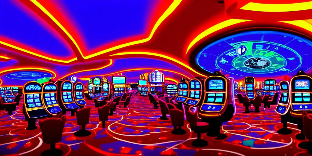 Image similar to minimalistic extreme wide angle curved perspective digital art of indoor casino with alien shaped slot machines, with roulettes in the roof, by anton fadeev from nightmare before christmas, 8 k, pixar movie