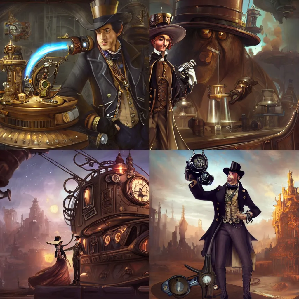 Prompt: a noble man in hat in front, posing with revolver on steampunk spaceship on background, by tyler edlin and lindsey look, victorian, steam romance, adventure, jonathan winterhart, detailed, 4k resolution, trending on artstation