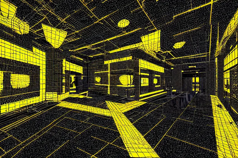Image similar to cctv footage of the backrooms static, dark deep black shadows, molded yellow and black color contrast in the style of trevor henderson and james ensor goya, liminal space, 3 d render, glitch effect