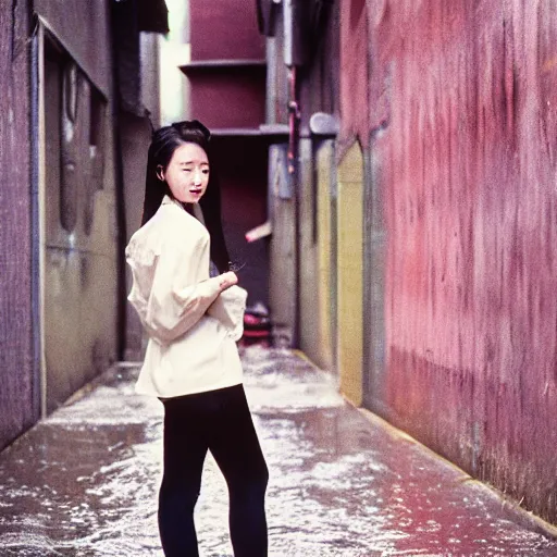 Image similar to 1990s perfect 8K HD professional cinematic photo of close-up japanese schoolgirl posing in sci-fi dystopian alleyway at morning during rain, at instagram, Behance, Adobe Lightroom, with instagram filters, depth of field, taken with polaroid kodak portra