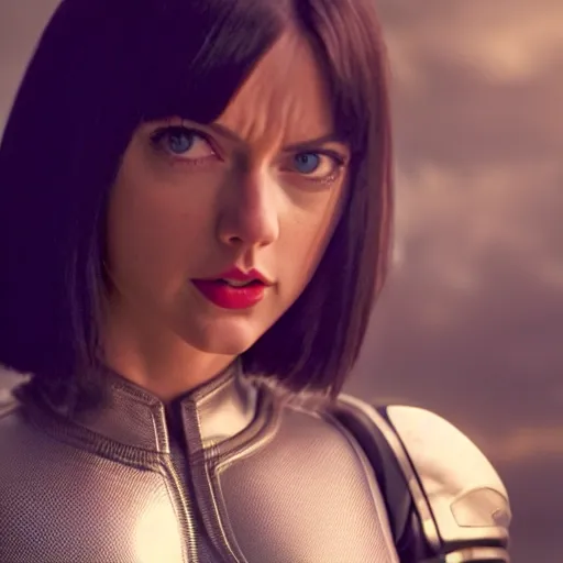 Image similar to cinematic still of taylor swift as alita in alita : battle angel ( 2 0 1 9 ), xf iq 4, f / 1. 4, iso 2 0 0, 1 / 1 6 0 s, 8 k, raw, dramatic lighting, symmetrical balance, in - frame