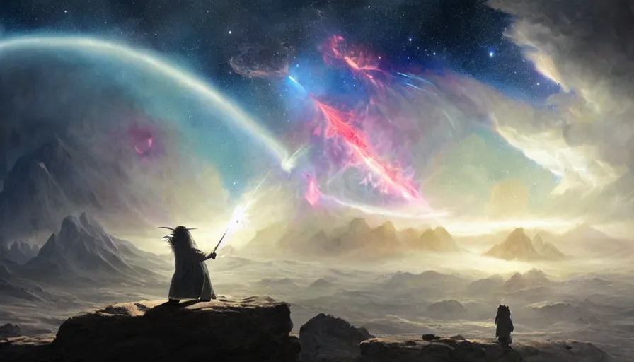 Image similar to a beautiful painting of gandalf watching the crab nebula in the sky of an alien world, ray traced lighting by jean kalin popov and greg rutkowski