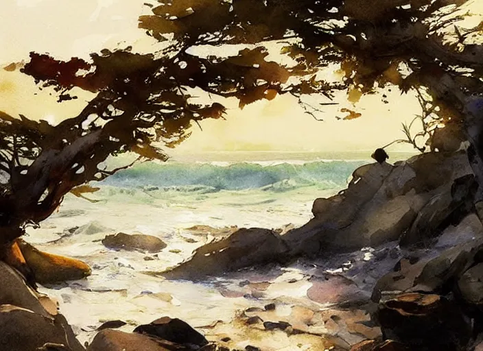 Prompt: abstract watercolor painting of wild wavy ocean, oak trees, rocky shore, sunshine, art by anders zorn, wonderful masterpiece by greg rutkowski, beautiful cinematic light, american romanticism by greg manchess, creation by tyler edlin