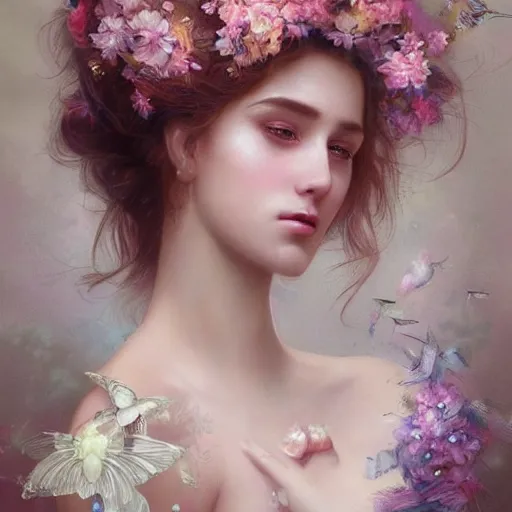 Prompt: beautiful, young woman, in renaissance times, detailed gorgeous face, sad eyes, vaporwave aesthetic, synthwave long luxurious gown made out of pearls, hair done up with flowers and ribbons, digital art, butterflies, birds, digital painting, artstation, concept art, smooth, sharp focus, illustration, art by artgerm and greg rutkowski and alphonse mucha