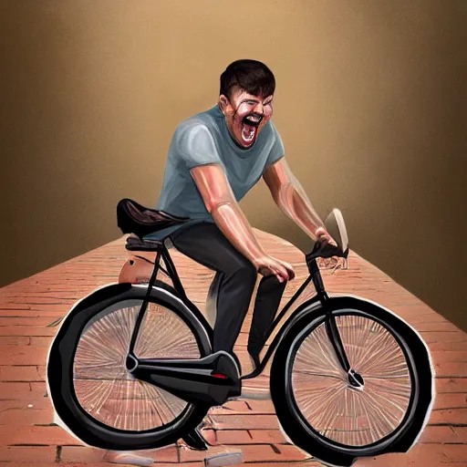 Image similar to a portrait of a really short men biting a really tall bike realistic digital art