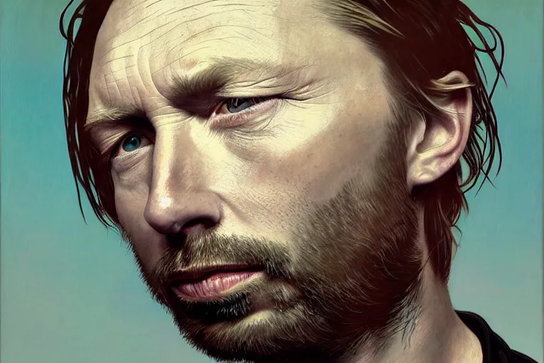 Prompt: hyper realistic portrait of rounder faced thom yorke, bigger nose, bigger chin, sideview, on a stage, by lee bermejo, alphonse mucha and greg rutkowski