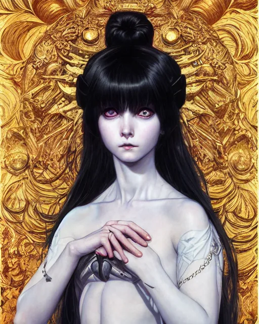 Image similar to portrait of beautiful cute young goth maiden girl with short white hairs in warhammer armor, art by ( ( ( kuvshinov ilya ) ) ) and wayne barlowe and gustav klimt and artgerm and wlop