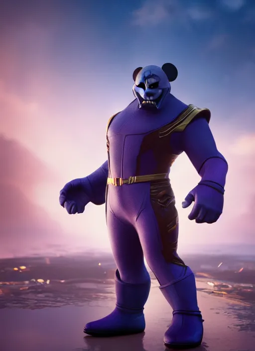 Image similar to Mickey Mouse cast as Thanos, still from Marvel movie, hyperrealistic, 8k, Octane Render,