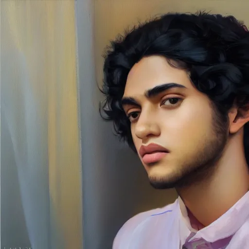 Prompt: oil painting by ilya kuvshinov, baugh casey, rhads, coby whitmore, of a youthful persian - indian college student, male, handsome, curly black hair, outdoors, highly detailed, breathtaking face, studio photography, dawn, intense subsurface scattering, blush, supple look, innocence, intense sunlight