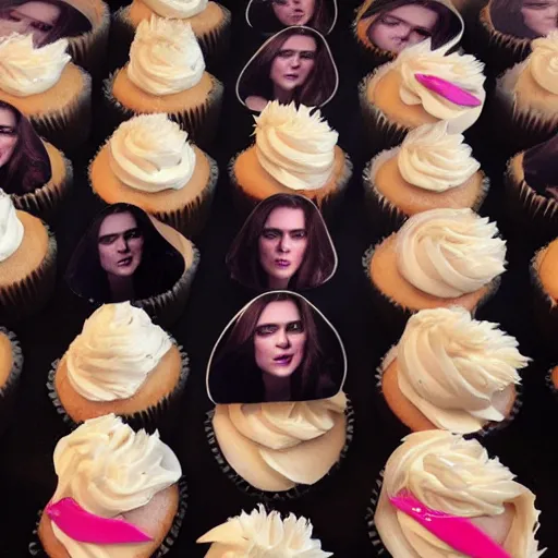 Image similar to cup cakes with vanilla frosting in the shape of the face of kate mara, 4 k, hyperdetailed, photorealism