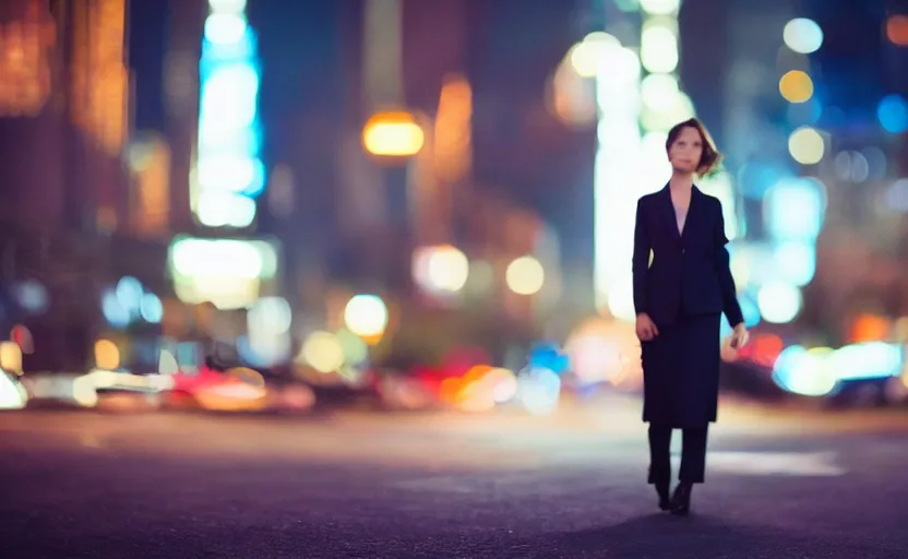 Prompt: a wide shot of a woman with a wool suit, blurred face, wearing an omega speedmaster on her wrist in front of a crowded dystopian city at night with cyberpunk lights