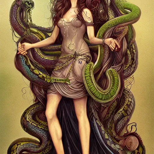 Image similar to realistic mythological greek medusa with snakes on the head full body, dressed in a queen's dress, by anna dittmann