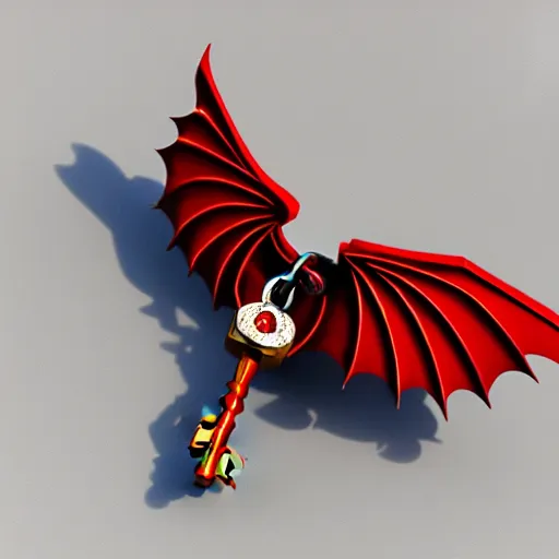 Prompt: a 3d game object of the metal key for the cage, very realistic, with dragon wings and large red diamond in it, it is very detailed, on the white background, rpg game inventory item