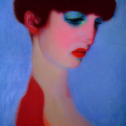 Image similar to close - up of an ivory young gir in a blue and red haunted liminal abandoned room, film still by edward hopper, by gottfried helnwein, by klimt, art noveau, highly detailed, strong lights, liminal, eerie, bright pastel colors,