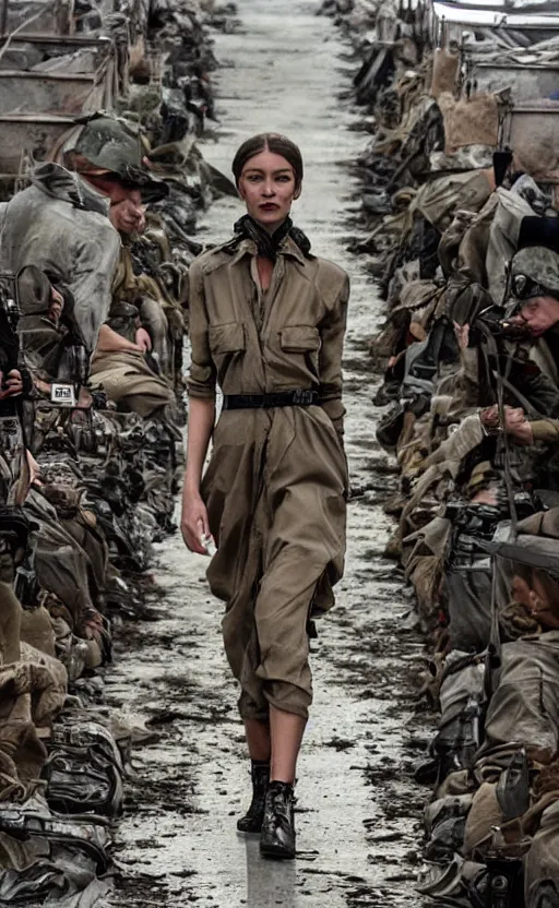 Prompt: Fashion Catwalk inside Military Base, Dystopian, War, Destruction Wide Lens