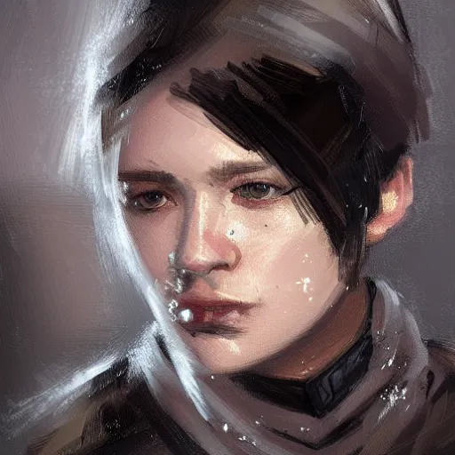 Image similar to Portrait of a woman by Greg Rutkowski, she is about 20 years old, round face, mixture between german and russian, black bob hair, attractive, determined but resentful look, she is wearing futuristic military fatigues with a black scarf, highly detailed portrait, scifi, digital painting, artstation, concept art, smooth, sharp foccus ilustration, Artstation HQ.