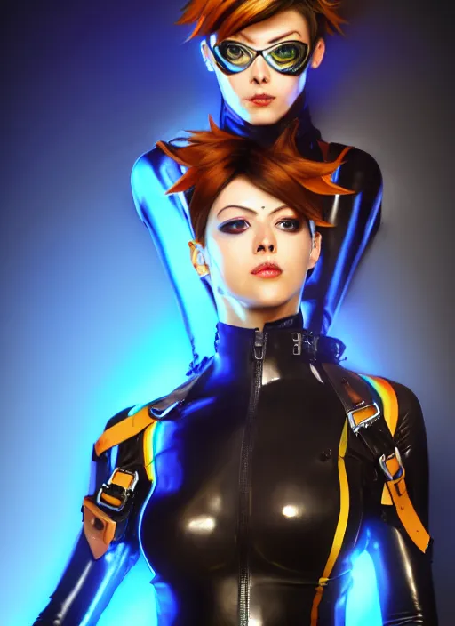 Prompt: oil painting digital artwork of tracer overwatch, confident pose, wearing black iridescent rainbow latex, 4 k, expressive happy smug expression, makeup, in style of mark arian, wearing leather collar, wearing sleek armor, black leather harness, expressive detailed face and eyes,