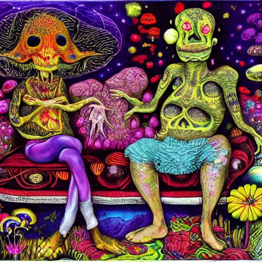 Image similar to psychedelic trippy couch in forest, planets, flowers, mushrooms milky way, sofa, cartoon by giuseppe arcimboldo