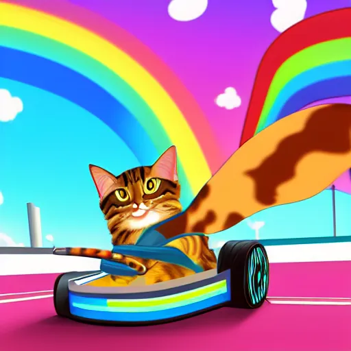 Prompt: digital illustration of a cat with wind blowing through his jacket, driving a kart through rainbow road, 4K