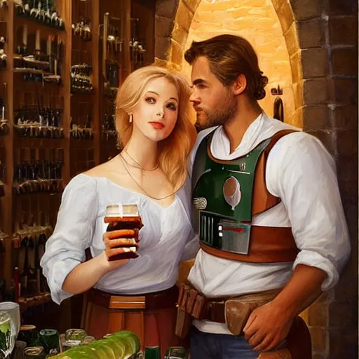 Image similar to (Boba Fett) and a beautiful young blonde drinking beer in a wine cellar, food, meat, schnapps, torches on the wall, romantic, inviting, cozy, painting by Vladimir Volegov