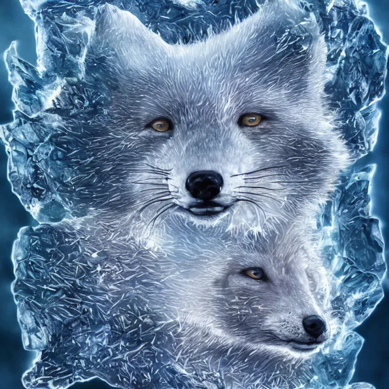 Image similar to hyperrealistic surrealistic arctic fox bring ice and fire and destruction to the world photorealistic symmetrical detailed fractal