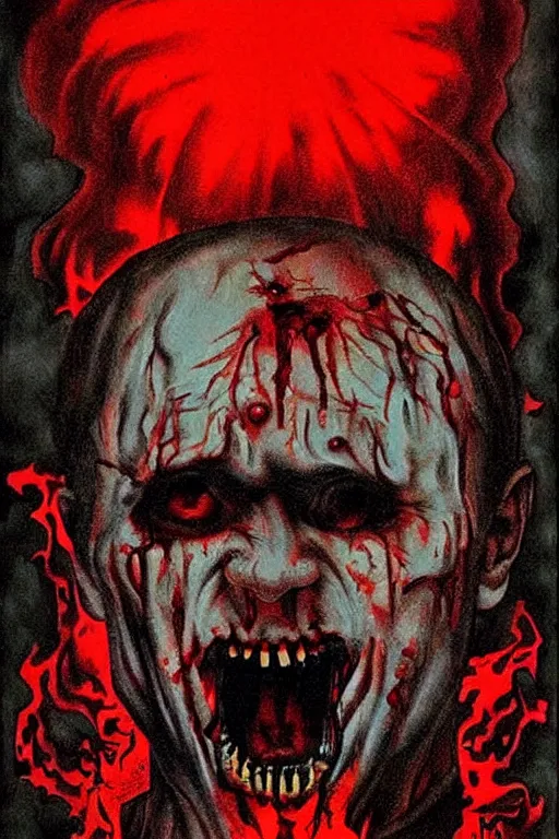 Prompt: putin went to hell, art in the style of a poster for horror films in a cinema, detailed art in color