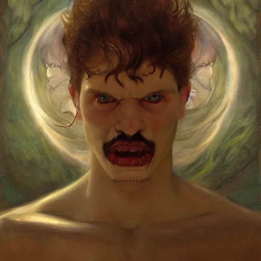 Image similar to goetic demon taking a selfie | highly detailed oil painting, hyperrealistic, very intrincate, detailes face | cinematic lighting, award - winning | by roberto ferri, gustav klimt, william waterhouse and tom bagshaw | by austin osman spare and william blake, trending on artstation, cgsociety, official art, octane.