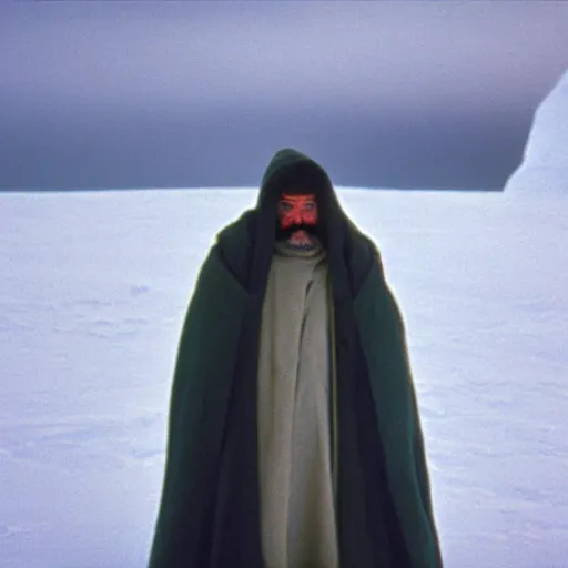 Image similar to a man wearing a long cloak and hood, in antarctica, film still, arriflex 3 5