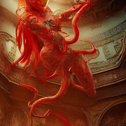 Image similar to The red female alien, intricated traditional Chinese textures, rococo decorations, hyper detail, Unreal engine,Octane render, by Karol Bak