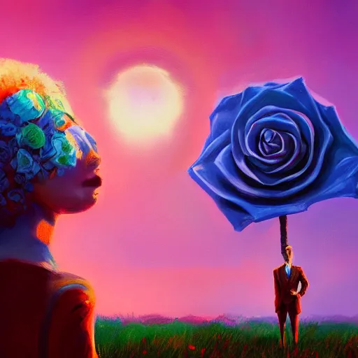 Image similar to closeup, giant rose flower head, frontal, girl in suit, surreal photography, sunrise, blue sky, dramatic light, impressionist painting, digital painting, artstation, simon stalenhag