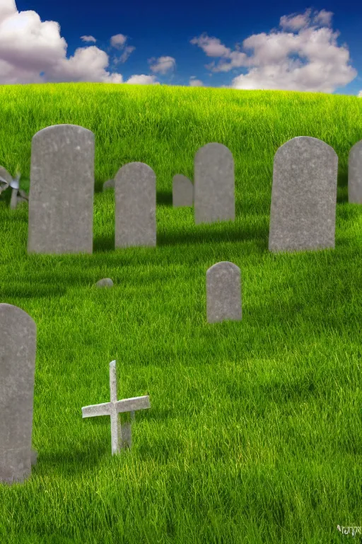 Image similar to realistic detailed photo of the windows xp bliss hills screensaver with a graveyard, with many gravestones made from stone, hyper detailed, sigma 5 0 mm