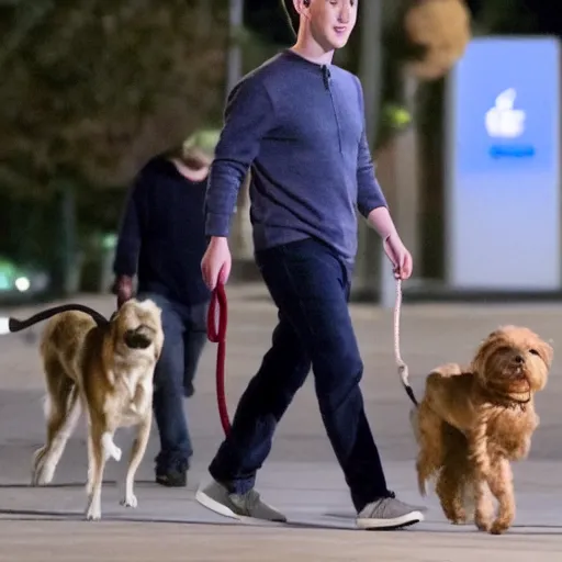 Prompt: mark zuckerberg walking his dog in los angeles at 3 am