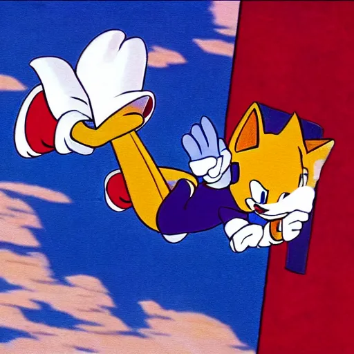 Image similar to a hanna barbera cartoon drawing of miles tails prower from sonic the hedgehog flying in the air