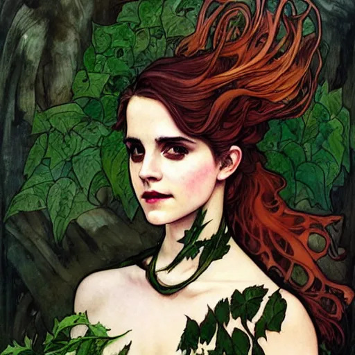 Image similar to a beautiful painting of emma watson dressed as a teenage poison ivy, dark eyeliner, intricate, elegant, highly detailed, digital painting, artstation, concept art, matte, sharp focus, illustration, art by rebecca guay and by arthur rackham and by alphonse mucha and by john william waterhouse