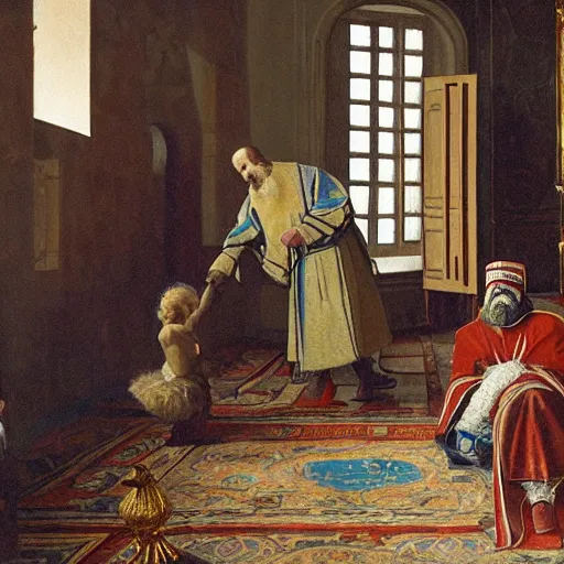 Image similar to Ivan the Terrible in his palace in Moscow is sneaking up on his son with an intention to kill him, wide angle, high detail, in style of Greg Rutkowski, width 768