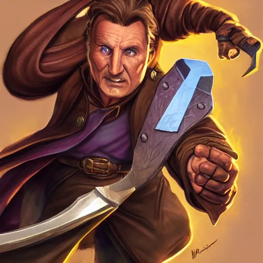Image similar to Liam Neeson as Burl Gage, Antimage, wielding a dagger, iconic Character illustration by Wayne Reynolds for Paizo Pathfinder RPG