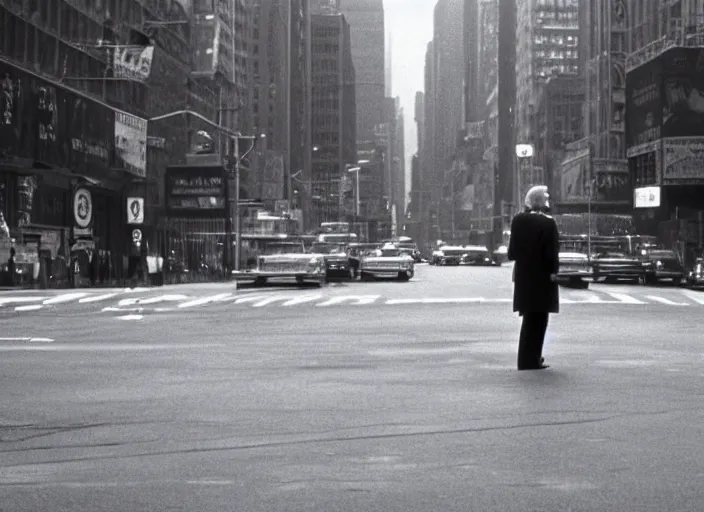 Prompt: screenshot wide shot from moody scene of Donald Trump pensive in New York streets from the film Taxi Driver 1976 directed by Martin Scorcese, kodak film stock, anamorphic lens, 4K, detailed, stunning cinematography and composition, 70mm