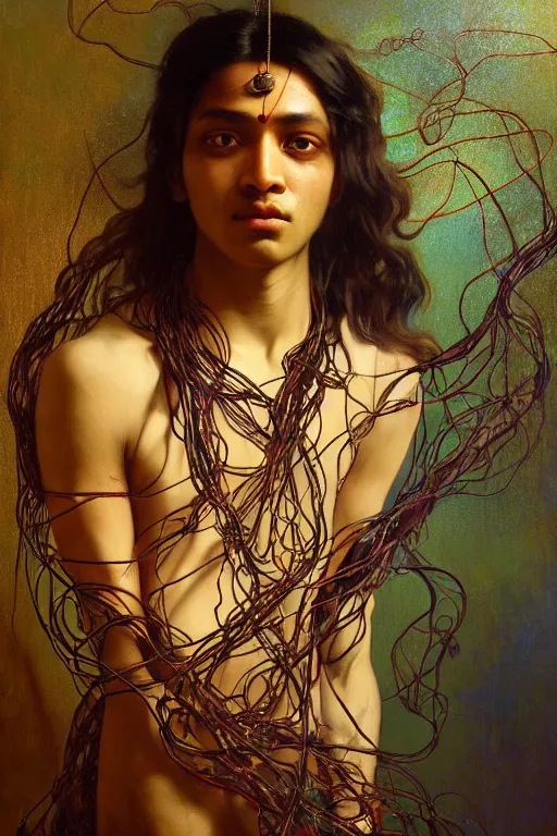 Image similar to hyperrealist portrait of indian elijah zu bailey, it is decorated with long wires that fall like vines and wears small computers over their body. by jeremy mann and alphonse mucha, fantasy art, photo realistic, dynamic lighting, artstation, poster, volumetric lighting, very detailed faces, 4 k, award winning