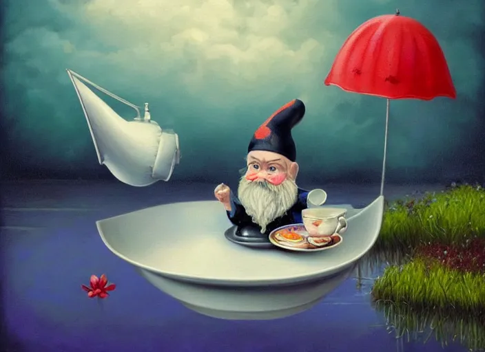 Image similar to a garden gnome sailing in a teacup, whimsical background of a reflective pond on a sunny day with dramatic clouds, an ultrafine detailed painting by mark ryden, trending on deviantart, pop surrealism, whimsical, lowbrow, joyous, perfect cute face