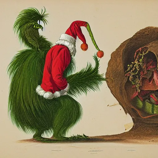 Prompt: audubon painting of the grinch cut in half with a cross - section diagram
