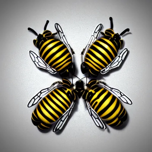 Image similar to portrait of four 3d bees made of metal, shiny, performing onstage like the Beatles