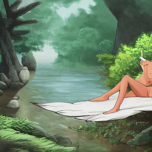 Prompt: a rough digital painting of a person with furry goat legs lounging next to a river with a finger in the water in the forest, digital painting, fantasy, studio ghibli environment, overhead canopy