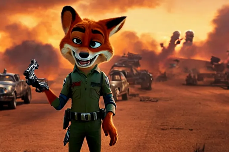 Image similar to nick wilde ( from zootopia ), heavily armed and armored facing down armageddon in a dark and gritty reboot from the makers of mad max : fury road