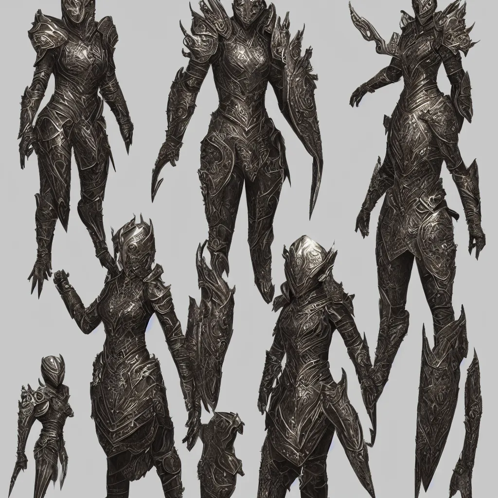 Image similar to concept layout of 3 d rendered full suit of decorative female armor, filigree, lord of the rings, elder scrolls, detailed, art station, unreal engine