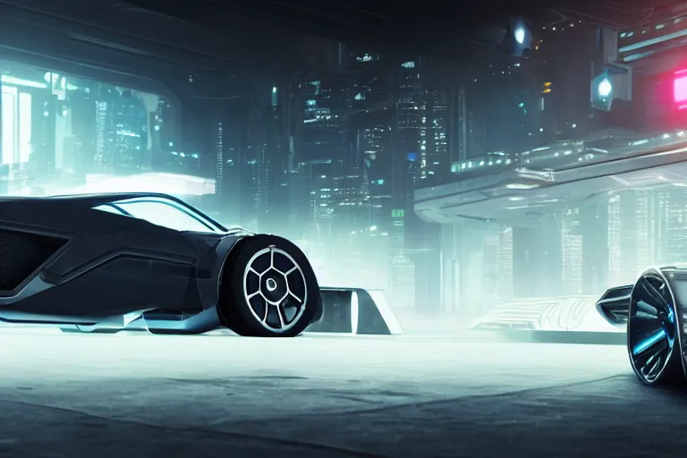 Image similar to cyberpunk bladerunner concept inspired sports car, futuristic look, highly detailed body, very expensive, photorealistic camera shot, bright studio setting, studio lighting, crisp quality and light reflections, unreal engine 5 quality render